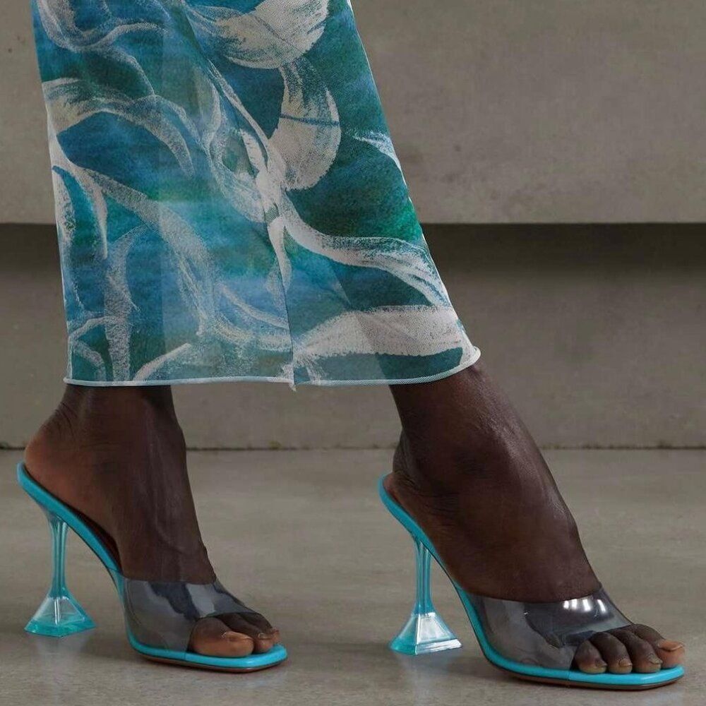 NWT AMINA MUADDI Lupita Sky Blue PVC and Patent Leather Mules Size EU37